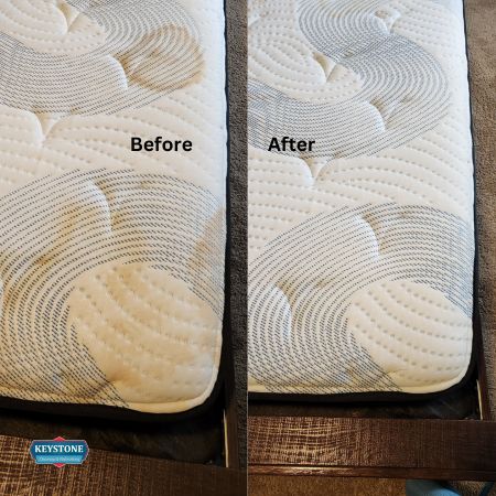 white mattress with urine stains getting a upholstery cleaning service done. Before and after the process