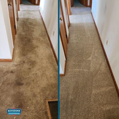 carpet cleaning in grayson ga before and after of hallway carpet being cleaned