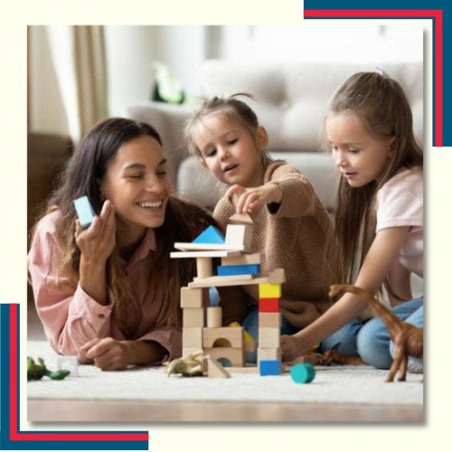happy family playing on carpet after professional cleaning services